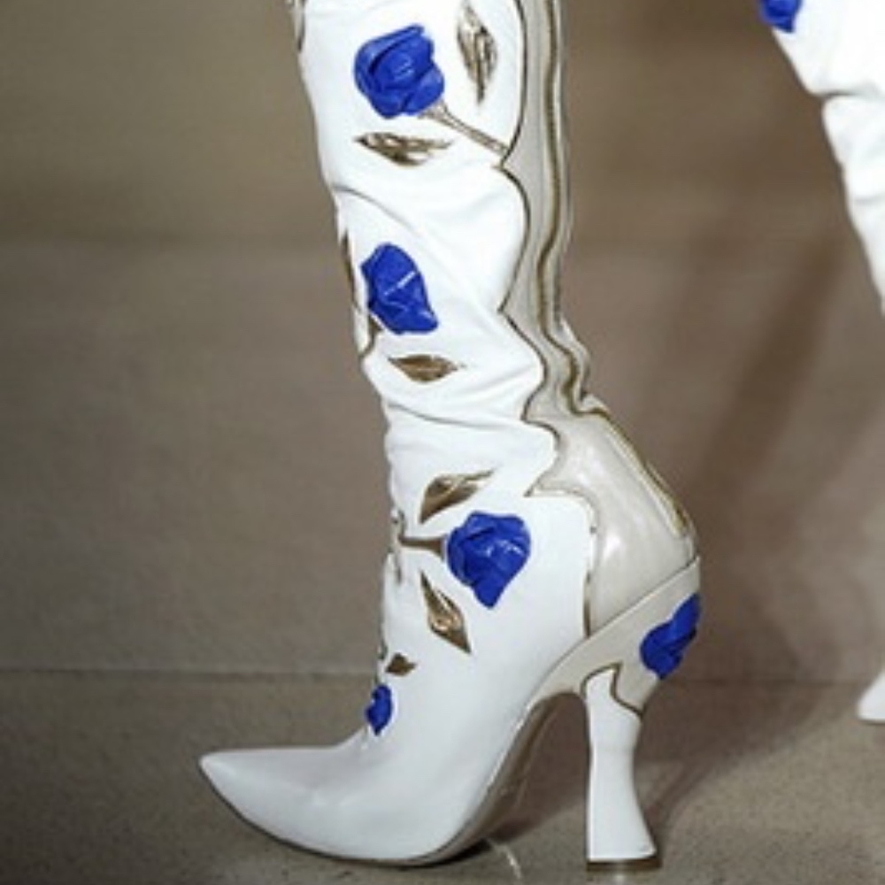 SOLD Miu Miu Runway 2012 Blue Gold Rose Heel Boots - Picture 1 of 8